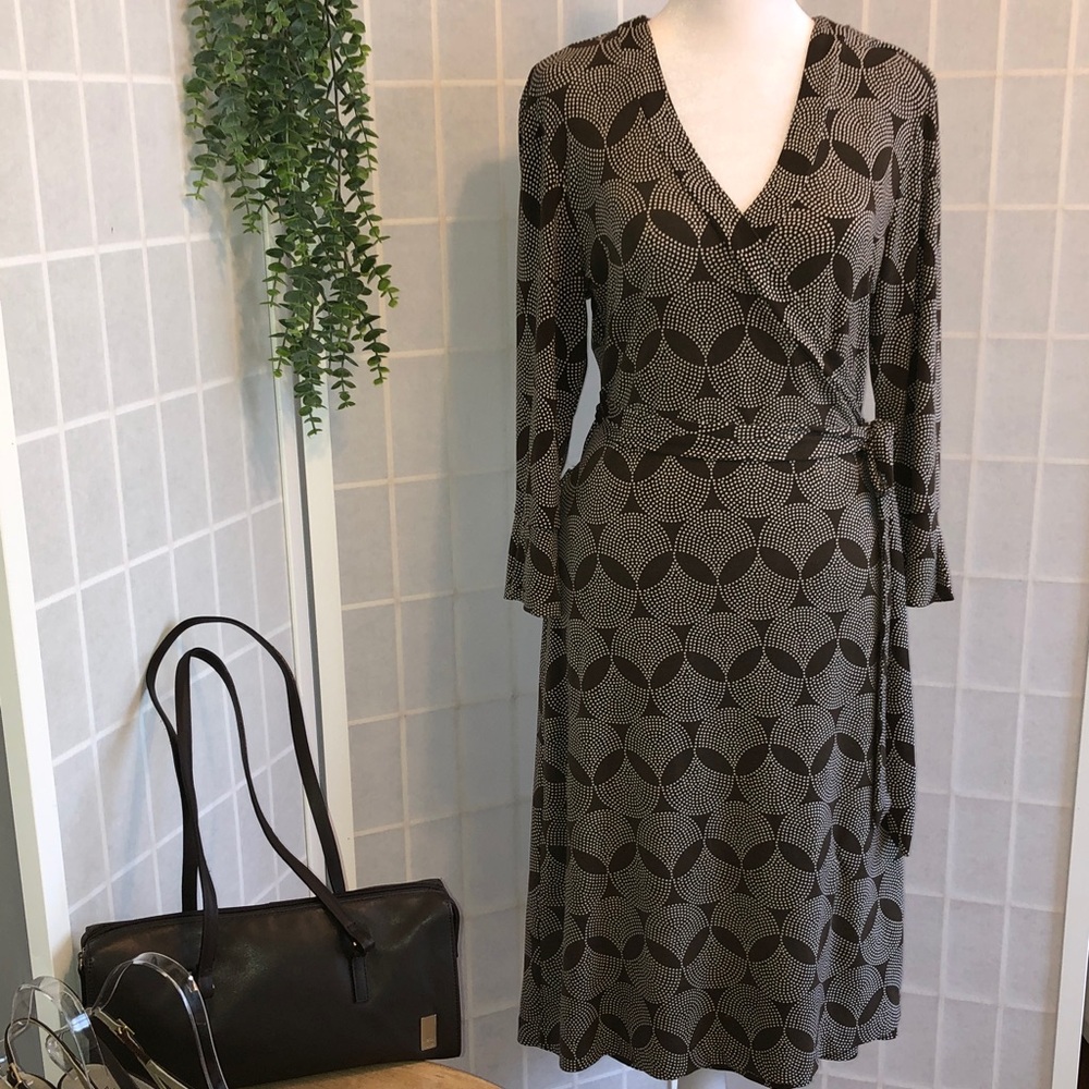 INC International Concepts Brown & White Geo Design Side-Tie Wrap Dress L